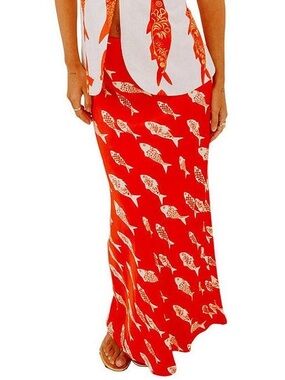 Never Fully Dressed Red Fish-Print Maxi Skirt with Cream Motif